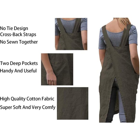 Women's Pinafore Apron Cross Back Apron with Pockets Cotton Linen Apron Dress Pl - Picture 5 of 6